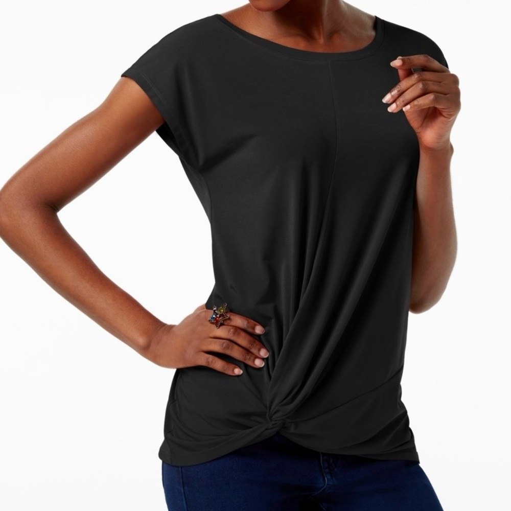 Womens Black Twist Front Top Short Sleeve Casual Blouse Flowy Chic Style